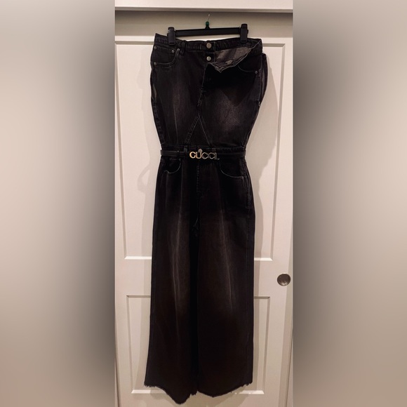 Fashion Nova Black Strapless Denim Jumpsuit | Wide Leg | Raw Hem | Size Medium - Picture 4 of 6